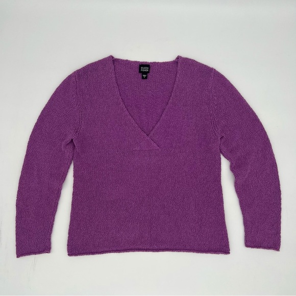 Eileen Fisher Purple Textured V-Neck Cotton Blend Sweater – Size L – Soft Knit - Picture 1 of 12